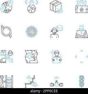 Ensemble d'icônes linéaires de distribution et de transfert. Logistique, expédition, importation, exportation, transport, Routage, vecteur de ligne de pipeline et signes conceptuels Illustration de Vecteur