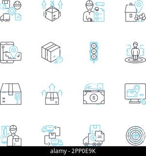 Ensemble d'icônes linéaires des services d'expédition. Logistique, fret, transport, exportation, importation, Affiches de marchandises, de vecteurs de la ligne de livraison et de concept. Entreposage Illustration de Vecteur