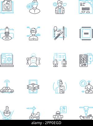 Jeu d'icônes linéaires d'écriture de contenu. Créativité, clarté, cohérence, authenticité, rédaction, Édition, vecteur de ligne de grammaire et signes de concept Illustration de Vecteur