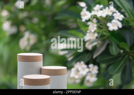 Plancher minimal de plan d'examen de podium extérieur flou blanc frangipani fleurs fond.beauté naturelle cosmétique ou spa aromatherapy produit maquette présent Banque D'Images