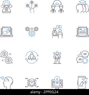 Collection d'icônes de ligne de planification des communications. Stratégie, public cible, image de marque, messages, storytelling, T, canaux vecteur et linéaire Illustration de Vecteur