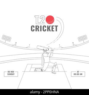 T20 concept de match de cricket avec batteur style Doodle frapper le ballon sur fond de White Stadium. Illustration de Vecteur