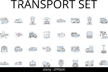 Collection d'icônes de ligne de consigne de transport. Kit santé, sac de voyage, pack divertissement, papeterie de bureau, ustensiles de cuisine, Matériel de fitness, fournitures artistiques Illustration de Vecteur