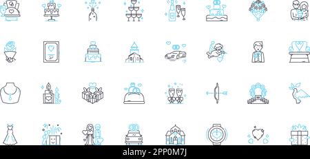 Ensemble d'icônes linéaires nuptials. Mariage, mariage, couple, cérémonie, anneaux, Truies, vecteur de ligne d'habillage et panneaux de concept. Combinaison,bouquet,Boutonniere contour Illustration de Vecteur