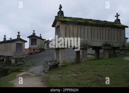 Soajo granaries ou Espigueiros de Soajo au Portugal également appelé canastro, canico ou horreo. Elle a pour fonction de sécher le maïs épais Banque D'Images