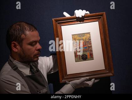 Christie's, Londres, Royaume-Uni. 21st avril 2023. La vente aux enchères de l'art des mondes islamique et indien, y compris les tapis et tapis orientaux, a lieu le 27 avril. Les points forts incluent: Baysunghur dans la guise de Salomon avec la reine de Sheba, Hérat de Timurid, mi-15th c. pigments opaques rehaussée d'or sur papier, dans l'or et les règles polychromes, les marges illuminées avec des rouleaux floraux d'or, la poésie persane verso. Environ 150 000 à 200 000 £. Crédit : Malcolm Park/Alay Live News Banque D'Images