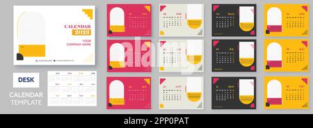 2 formats ensemble complet de 12 mois, 2023 modèle de calendrier de bureau mise en page avec espace pour image ou texte en couleur. Illustration de Vecteur