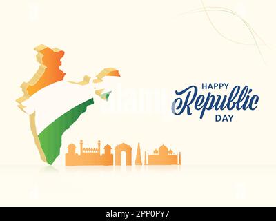 Happy Republic Day concept avec carte de l'Inde Tricolor 3D et monument célèbre de Silhouette India sur fond blanc. Illustration de Vecteur