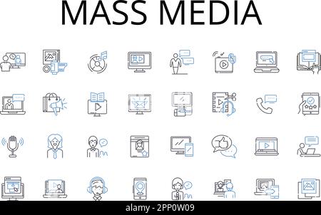 Collection d'icônes de ligne de média de masse. Médias sociaux, médias imprimés, médias numériques, médias visuels, médias de diffusion, Médias d'information, vecteur multimédia de divertissement et Illustration de Vecteur