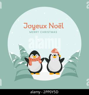 Joyeux Noël texte écrit en français avec le dessin animé les pingouins portent un chapeau de laine, une écharpe et un arbre de Noël sur fond de neige cyan. Illustration de Vecteur