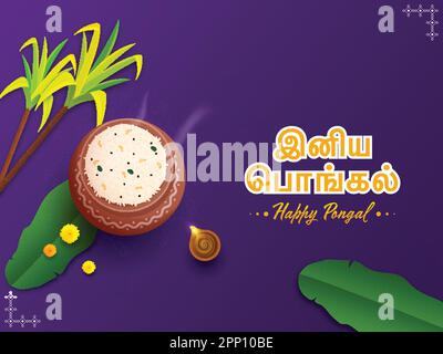 Style autocollant Lettering tamoul de Happy Pongal avec vue de dessus de riz pongali en argile pot, feuilles de banane, canne à sucre et lampe à huile allumée sur fond violet Illustration de Vecteur