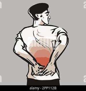 Homme souffrant de douleurs soudaines de dos, touchant le bas du dos, bas du dos image vecteur d'inflammation. Illustration de Vecteur