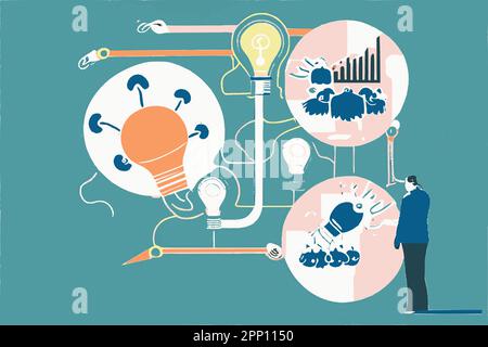 Image vectorielle de concept d'entreprise. Processus de réflexion de l'idée à la mise en œuvre. Illustration de Vecteur