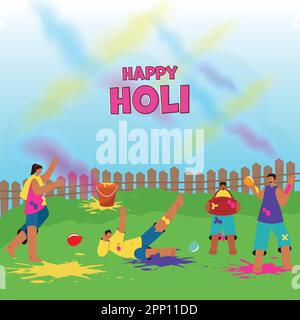 Holi Celebration Background avec Cartoon Young Men and Women Ajoug Festival en costume coloré. Illustration de Vecteur