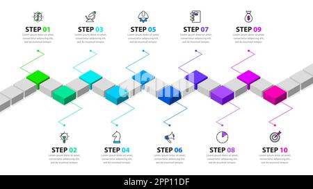 Modèle d'infographie avec icônes et 10 options ou étapes. Chronologie isométrique. Peut être utilisé pour la mise en page de flux de travail, le diagramme, la bannière, la conception Web. Vecteur illus Illustration de Vecteur