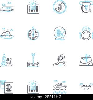 Jeux d'icônes linéaires d'excursions. Aventure, Safari, croisière, exploration, randonnée, Randonnée pédestre, vecteur de la ligne de culture et signes de concept. Histoire,Architecture Illustration de Vecteur