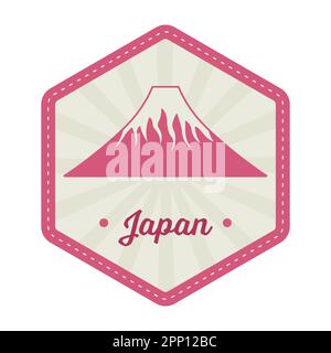 Volcan isolé avec des rayons sur fond hexagonal pour le Japon Timbre ou l'étiquette de conception en rose et gris. Illustration de Vecteur