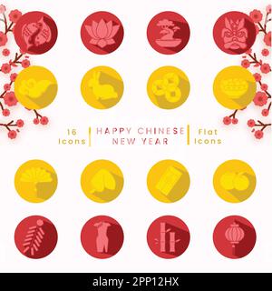 Jaune et rouge Happy Chinese New Year 16 icônes sur les fleurs de cerisier fond blanc. Illustration de Vecteur