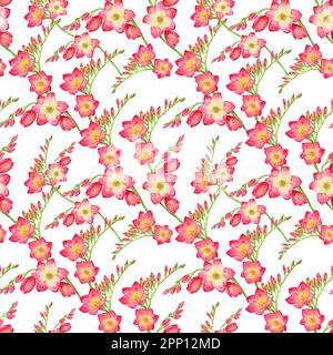 fleurs rouges freesia, belle branche de bouquet sur fond, sans couture tropic motif aquarelle illustration. Dessin pour impression sur tissu, papier peint Banque D'Images