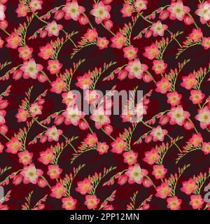 fleurs rouges freesia, belle branche de bouquet sur un fond rouge, sans couture tropic motif aquarelle illustration. Dessin pour impression sur tissu, wa Banque D'Images