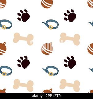 Motif sans couture sur le thème des animaux de compagnie. Chiens, jouets pour chiens, balles, empreintes de pas mignons, os bleus, collier dessiné en vecteur sur une tablette. Pour l'impression Illustration de Vecteur