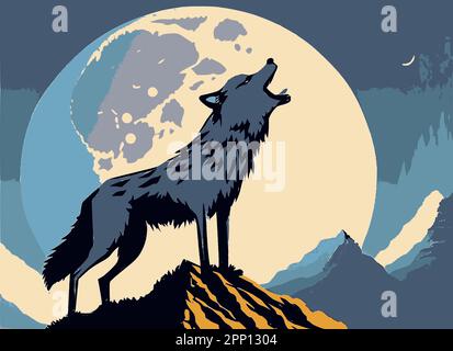 Un loup hurlant dans les montagnes contre la lune. Illustration de Vecteur