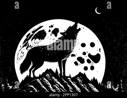 Un loup hurlant dans les montagnes contre la lune. Illustration de Vecteur