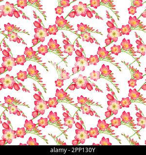 fleurs rouges freesia, belle branche de bouquet sur fond, sans couture tropic motif aquarelle illustration. Dessin pour impression sur tissu, papier peint Banque D'Images