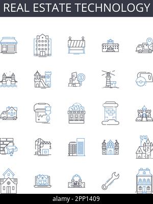 Collection d'icônes de la ligne de technologie immobilière. PropTech, technologie immobilière, technologie immobilière, technologie des bâtiments intelligents, technologie CRE, Innovation immobilière Illustration de Vecteur