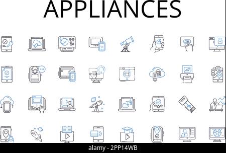 Collection d'icônes de la gamme appliances. Gadgets, électronique, appareils, équipement, instruments, Machinery, Tools, vecteur et illustration linéaire. Technologie Illustration de Vecteur