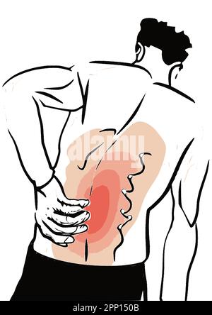 Homme souffrant de douleurs soudaines de dos, touchant le bas du dos, bas du dos image vecteur d'inflammation. Illustration de Vecteur