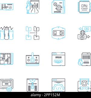 Ensemble d'icônes linéaires des systèmes d'information. Base de données, analyse, automatisation, intégration, sécurité, Nerking, vecteur de ligne d'optimisation et signes de concept Illustration de Vecteur