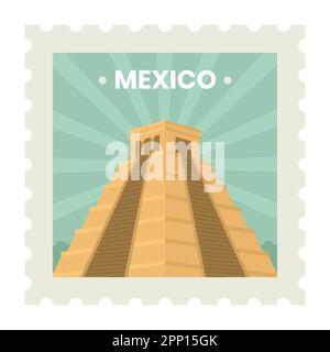 Mexico Travel Stamp, Sticker ou Ticket Design avec Temple Orange Maya sur fond de rays verts. Illustration de Vecteur