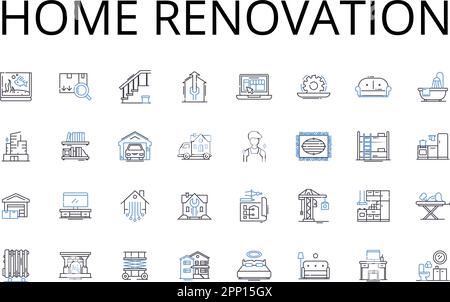 Collection d'icônes de la gamme de rénovation. Rénovation de la maison, rénovation de la propriété, transformation de la cuisine, surclassement de la salle de bains, transformation du jardin, Amélioration de la chambre Illustration de Vecteur