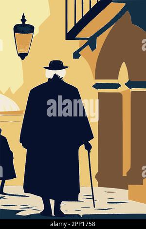 Rue de tel Aviv avec une silhouette d'un juif orthodoxe dans des vêtements traditionnels. Image vectorielle abstraite. Illustration de Vecteur