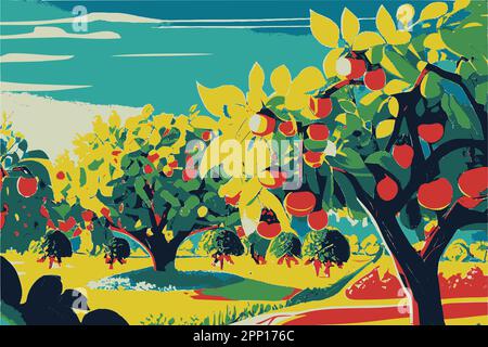 Verger de fruits en été, illustration vectorielle. Illustration de Vecteur
