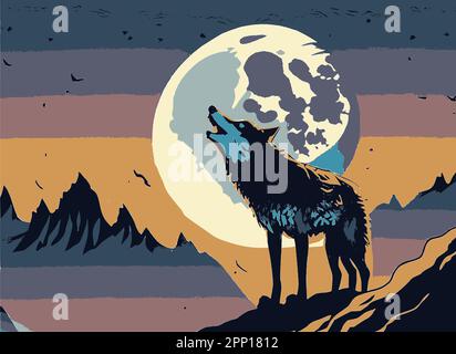 Un loup hurlant dans les montagnes contre la lune. Illustration de Vecteur