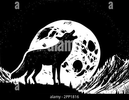 Un loup hurlant dans les montagnes contre la lune. Illustration de Vecteur