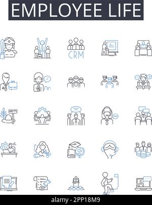 Collection d'icônes de la ligne de vie des employés. Sécurité de l'emploi, bien-être de l'espace de travail, Carrières, culture du travail, relations de travail, Conditions de travail, capital humain Illustration de Vecteur