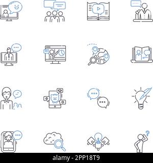 Scruter et répondre à la collection d'icônes de ligne. Enquêter, examiner, analyser, inspecter, évaluer, Critique, vecteur de question et illustration linéaire Illustration de Vecteur