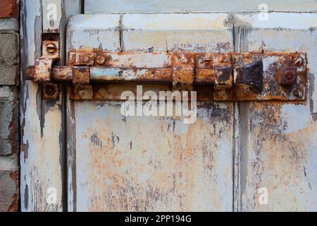 Ancienne porte de grange en deux parties, demi-section inférieure montrant boulon en métal rouillé et loquet et écaillage de la vieille peinture texture et détail bien utilisé patine rustique Banque D'Images