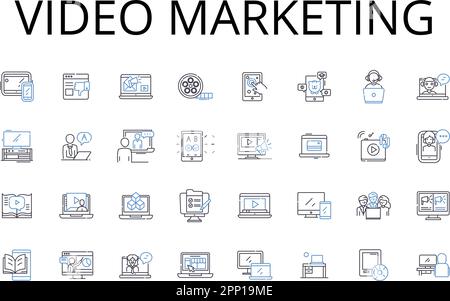 Collection d'icônes de ligne de marketing vidéo. Médias sociaux, publicité numérique, événement virtuel, marketing par e-mail, moteur de recherche, Création de contenu, en ligne Illustration de Vecteur