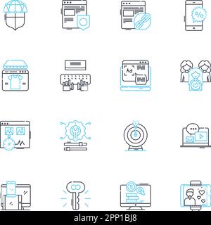 Jeu d'icônes linéaires de publicité sociale. Promotions, campagnes, parrainage, promotion, médias sociaux, Marquage, vecteur de ligne de marketing et signes de concept Illustration de Vecteur
