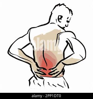 Homme souffrant de douleurs soudaines de dos, touchant le bas du dos, bas du dos image vecteur d'inflammation. Illustration de Vecteur