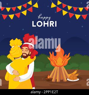 Happy Lohri Celebration Background avec Festival Elements et Punjabi hommes qui s'embrasent les uns les autres. Illustration de Vecteur