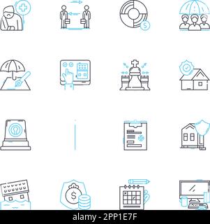 Ensemble d'icônes linéaires de protection des entreprises. Assurance, sécurité, sécurité, risque, responsabilité, Fraude, vecteur de ligne d'enquête et signes conceptuels. Conformité Illustration de Vecteur