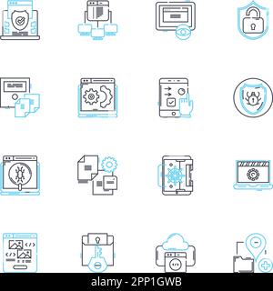Jeu d'icônes linéaires de sécurité Nerk. Pare-feu, chiffrement, authentification, intrusion, cybersécurité, Logiciels malveillants, vecteur de ligne de vulnérabilité et signes de concept Illustration de Vecteur
