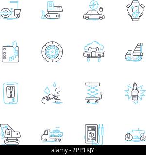 Ensemble d'icônes linéaires d'entreprise de réparation de voiture. Entretien, réparations, diagnostic, mises au point, freins, Pneus, vecteur de ligne d'alignement et signes conceptuels. Vidange d'huile Illustration de Vecteur