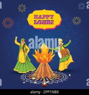 Happy Lohri Celebration concept avec Punjabi femme faisant Bhangra, homme jouant Dhol (tambour) en face de Bonfire sur le fond Blue Mandala. Illustration de Vecteur