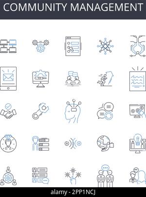 Collection d'icônes de ligne de gestion de communauté. Engagement des employés, marketing de la marque, coordination des projets, service clientèle, médias sociaux, Contenu Illustration de Vecteur